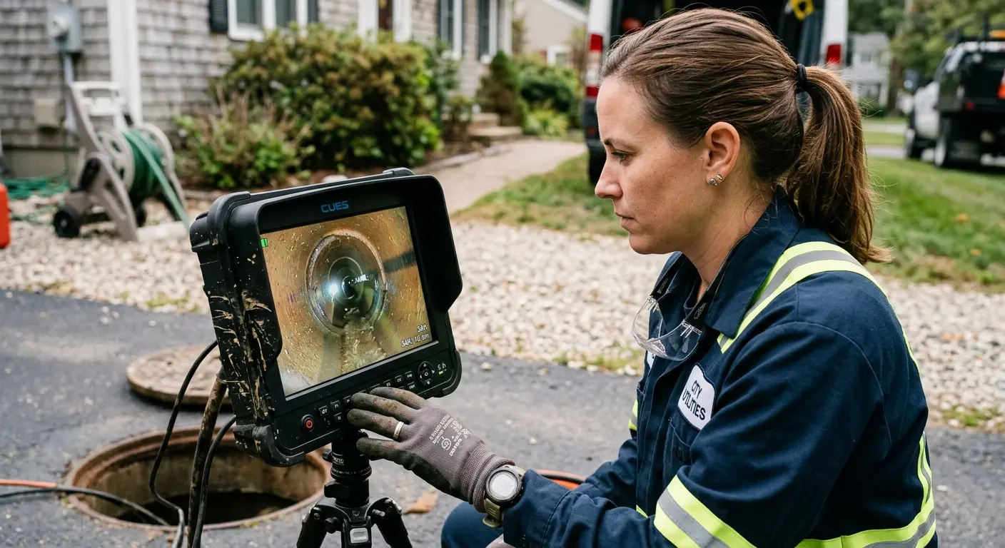 Technician reviewing sewer camera inspection footage in Providence