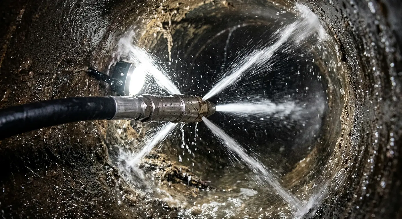 High-pressure hydro jetting nozzle cleaning sewer pipe for Sewer Cleanout in Providence