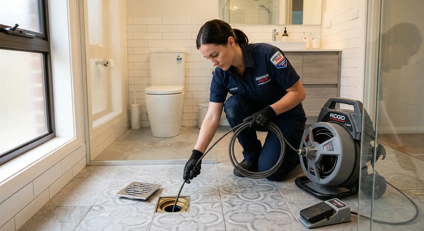 Technician clearing a bathroom floor drain for Hydro Jetting in Providence